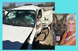 White toyota pickup with the driver’s side caved in after the collison. Another photo of the author smiling with her German Shepherd dog, Paladin.