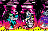 A cartoon collage made on a photograph by the artist of mason jars on a shelf. The jars hold an astronaut, a bunny astronaut, and some alien creatures. The colors include yellows, purples and blues. Art by Doodleslice 2024