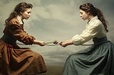 A dramatic painting of two women playing tug of war with a rope, wearing late 19th century style dresses, and with a dark cloudy sky in the background.