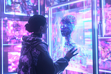 A futuristic artist in a sleek digital studio, surrounded by glowing holographic canvases displaying AI-generated artworks. The artist interacts with a floating AI interface, creating stunning visuals with hand gestures. Cyberpunk aesthetic, neon lighting, ultra-detailed, 8K resolution.”