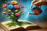 Surreal and artistic image for a Medium.com story, featuring a book with flowers growing out of it. A hand is watering these flowers, symbolizing growing knowledge. Image created by Mohamed Bakry with AI tool — the author has the provenance and copyright.