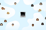 An abstract illustration of a laptop with people’s faces hovering around it from a distance.