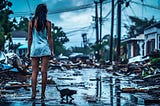 A desolate scene shows a rain-soaked young woman with a tiny kitten amid storm wreckage on a residential street. Debris is scattered around, and damaged homes and broken power lines convey a poignant atmosphere of loss and despair. The image captures a moment of fragile hope as the woman finds solace in the kitten’s presence amidst the chaos.
