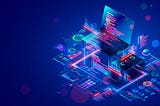This image depicts a vibrant digital illustration of a laptop with various layers of technology and circuitry radiating outward. Neon colors highlight different components like graphs, code snippets, and digital interfaces, symbolizing advanced computing and software development.