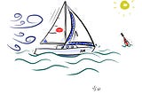 Cartoon: a small sailing boat with a lipstick kiss logo on the mainsail and the letters ‘A M’ painted on the hull speeds towards a red-and-black buoy (an ‘isolated danger’ beacon).