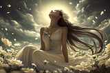 Woman in a white dress sits in a field of flowers, looking up with eyes closed, reflecting serenity and self-acceptance.