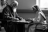 An AI generated picture of a Christian God playing chess with a nun in a nursing home.