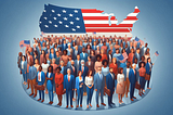 AI created image of people standing before a US flag US shaped