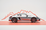 Silver Porsche Cayman with a red declining stock chart in the background, symbolising Porsche AG (P911) stock performance.