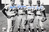 New York Mets pitchers in 1969: Tom Seaver, Jerry Koosman, Gary Gentry and Nolan Ryan. Autographed photo offered on eBay.