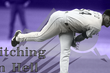 Pitching In Hell, a photo of Pedro Astacio pitching edited in the Rockies color scheme