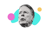 black and white image of Wayne LaPierre with various bold colored shapes around him