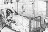 Engraving of a sick person in a hospital bed.