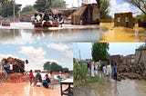 People using boats to travel within neighborhoods because of heavy flooding, people sitting on floating beds, Houses drenched