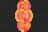 An abstract geometric graphic of overlapping circles in vibrant shades of pink, orange, and yellow. The circles are arranged vertically against a black background with a faint geometric grid.