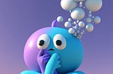 A 3D blue and purple cartoon sitting and thinking with thought bubbles above their head.