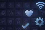 Illustration of glowing system-style icons such as a heart, Wi-Fi signal, gear, and checkmark over a dark blue grid of blurred symbols.