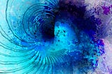 Watercolour style image of spiralling water, like a vortex, in aquamarine, cobalt and purple.