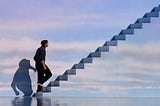 A still from the movie The Truman Show (1998) starring Jim Carrey walking up stairs that are painted like the sky.