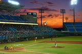 A sunset view of a baseball stadium.