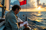 The writer pictures a sailor writing in his journal with a sunset in the background.