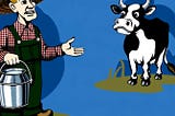 A cartoon of a farmer with a milking bucket in hand apparently arguing with a cow.