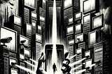 A black and white, artistic cover image in the style of George Orwell, depicting a dystopian scene where media and technology are used for surveillance and manipulation. The background shows towering screens and cameras watching over a cityscape. In the foreground, a person holds a smartphone, with data streams flowing from the device, symbolizing the pervasive control of information. The overall design should be more abstract and artistic, with strong contrasts and a dark, foreboding atmosphere