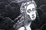 Black and white drawing of a woman with sad eyes.