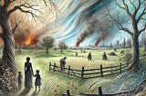 A pencil sketch shows a serene meadow with a mother and children playing, their details softened to emphasize nature’s emotional response. Twisted trees, swirling grass, and a sky streaked with red and yellow contrast the innocence of the meadow against the distant destruction and smoke of war beyond a rustic fence.