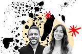 Greyscale headshots of Snook Service Designers Olivia Holbrook & Tom White with black splashes on the background.