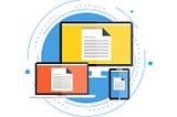 A vector graphic of multiple computer screens in primary colors, showing documents