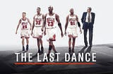 The Last Dance promotion ad — from left to right, Steve Kerr, Scottie Pippen, Michael Jordan, Dennis Rodman and Phil Jackson