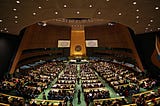 A photograph of the United Nations (UN) General Assembly Hall