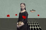 Digital collage. Photo of a young girl holding a human skull. Red poppies and a flying fish in the distance.