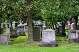 A graveyard scattered over green grass with leafy trees overhead.