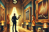 Luxurious art gallery with a collector examining investing in fine art