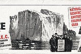 A newspaper like cut-out with an iceberg and people holding a poster