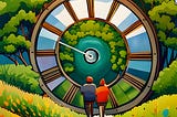 Two persons walk toward a large time machine that looks like a clock face resting on the ground in a colorful park. Where will they end up? The future or the past? How can we know? How will they choose?