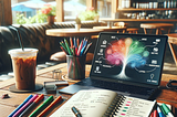 Laptop, notebook, pens, notebook, iced coffee on a table in a coffee shop