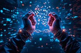 Stylized image of hands breaking apart glowing chains against a digital background of data streams and code. Analytics icons, charts, and data visualizations float upward from the breaking chains, symbolizing liberation from data access barriers and dependencies