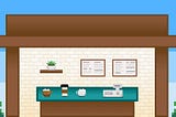 A simple cafe illustrated in a pixelated style
