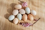 Ten chicken eggs in natural colors on a light-colored wooden surface, with two sprigs of fresh cherry blossoms at the edges of the image