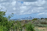 The San Francisco skyline in the distance, seen from across the San Francisco Bay