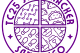 circular logo with the words tc25 step tracker san diego around the edge. the middle is split into four quadrants, with line drawings showing data, tacos, steps, and fitness trackers.