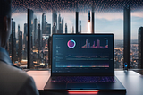 A sleek, futuristic AI assistant hovering over a computer screen displaying a graph of content engagement, with a rocket launching in the background.
