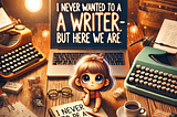 A cozy wooden desk with scattered handwritten notes, a steaming coffee cup, a retro typewriter, and a glowing laptop screen displaying the title “I Never Wanted to Be a Writer — But Here We Are” in bold, playful font. A pencil and a crumpled sheet of paper are in the background, symbolizing the early struggles of writing. The warm lighting creates a casual and relatable atmosphere.