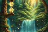 A fairy works her magic of inspiration, as the passing of time allows for more to cascade into being (stars sparkle around the fairy, above which stands a glowing hourglass on a branch, cascades of water flow through a lush forest) — Image generated in NightCafeStudio.