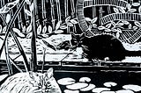 Black and white lino print of two cats by a pond, one is a white rag doll, the other a black and white “tuxedo” cat. There are water lily pads and foliage and a circle garden ornament that is vaguely asian, the fence behind then is bamboo.