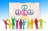 Group of people standing in front of a peace sign banner