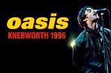 Promotional image for the 2021 film Oasis: Knebworth 1996 shows singerLiam Gallagher at the microphone